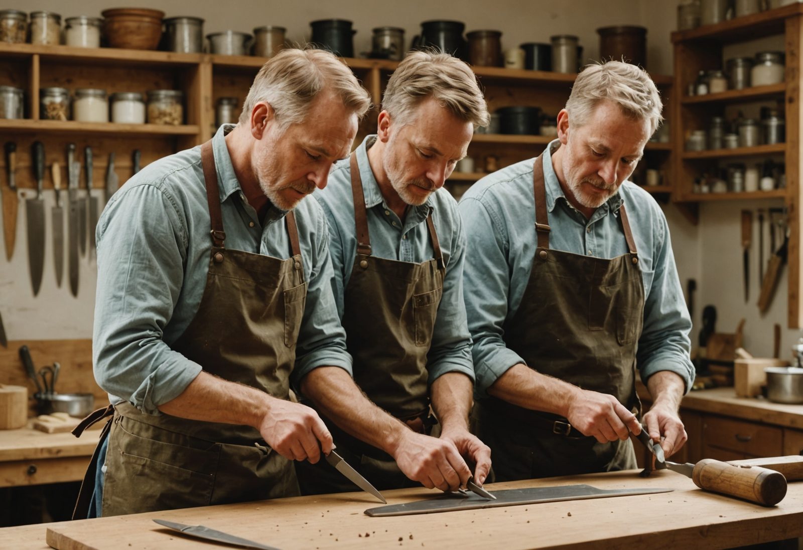 Craftsmen in aprons at a wooden workbench, working on knife blades