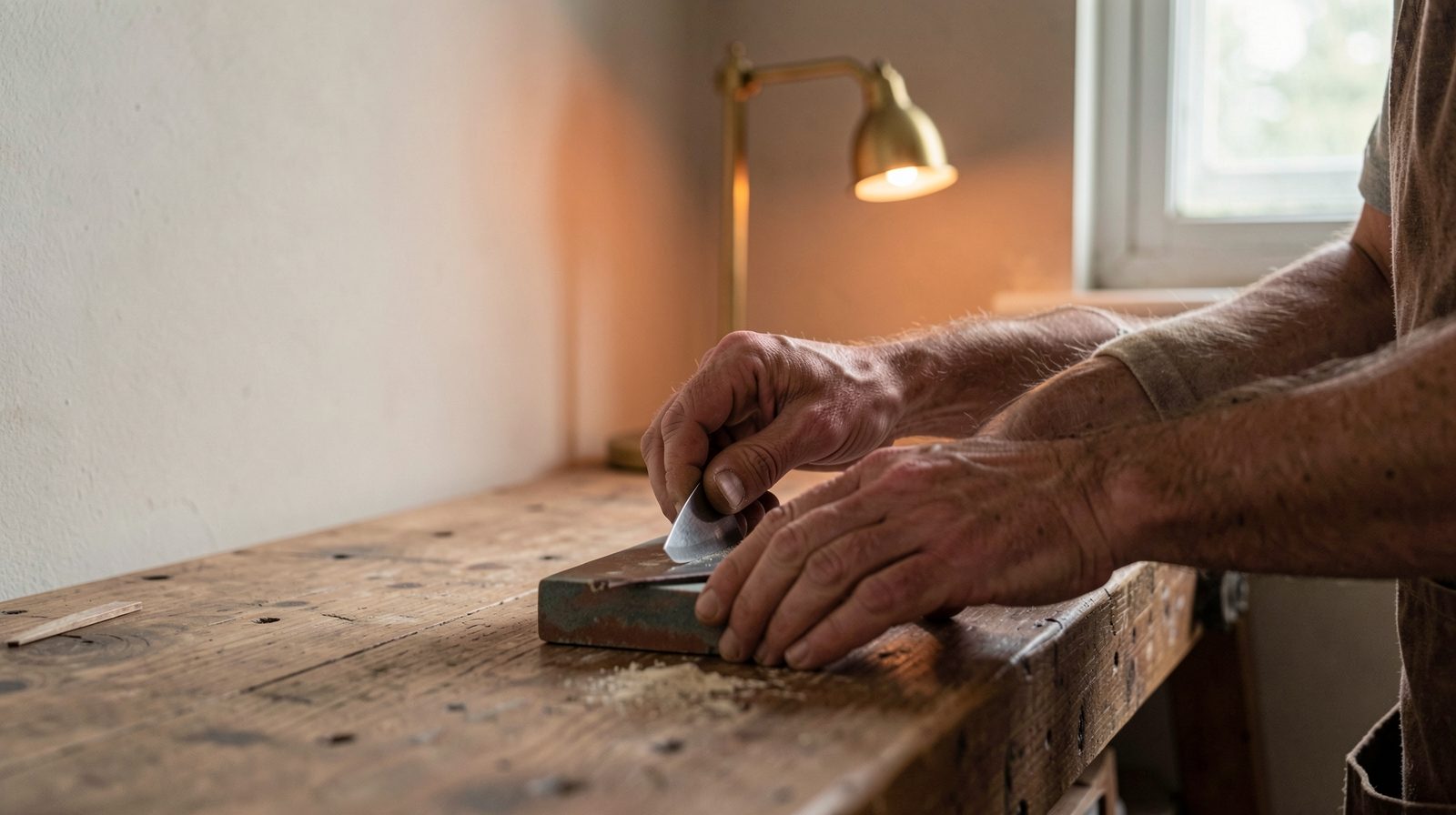 Hands guiding a steel blade across a whetstone on a wooden bench