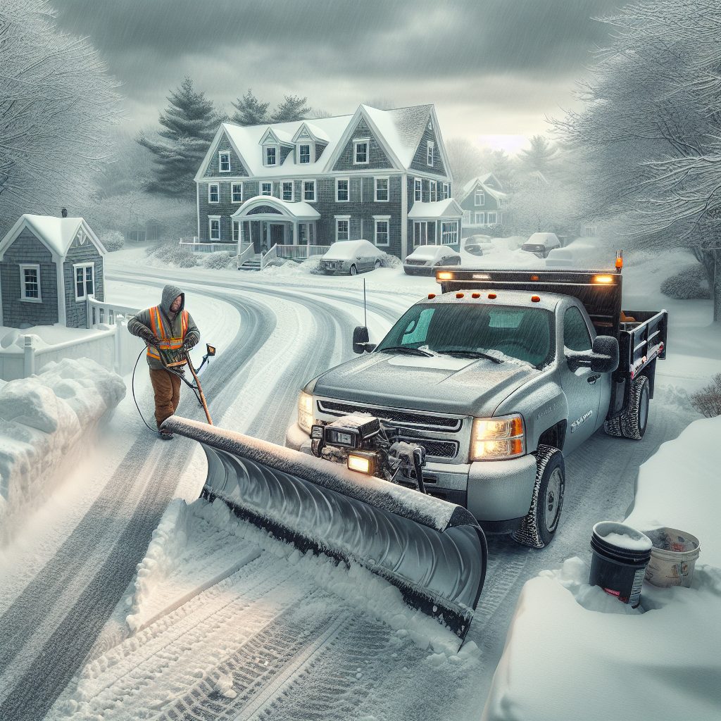 Plow truck clearing a residential street after a snowstorm