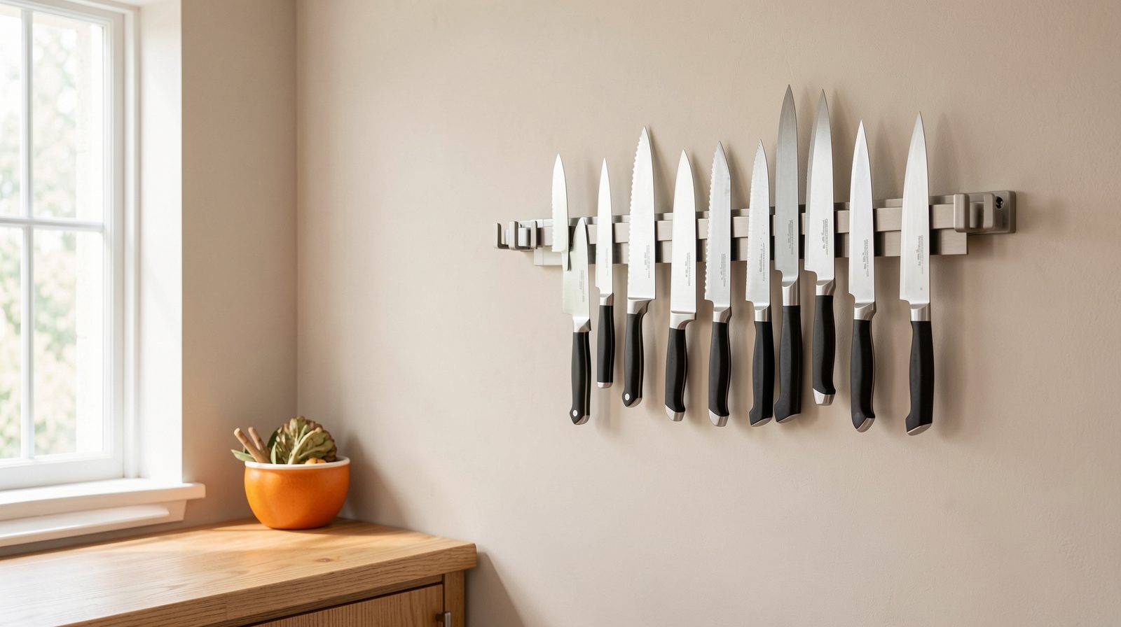 A row of kitchen knives on a magnetic wall bar in a bright kitchen, with a window at the left.