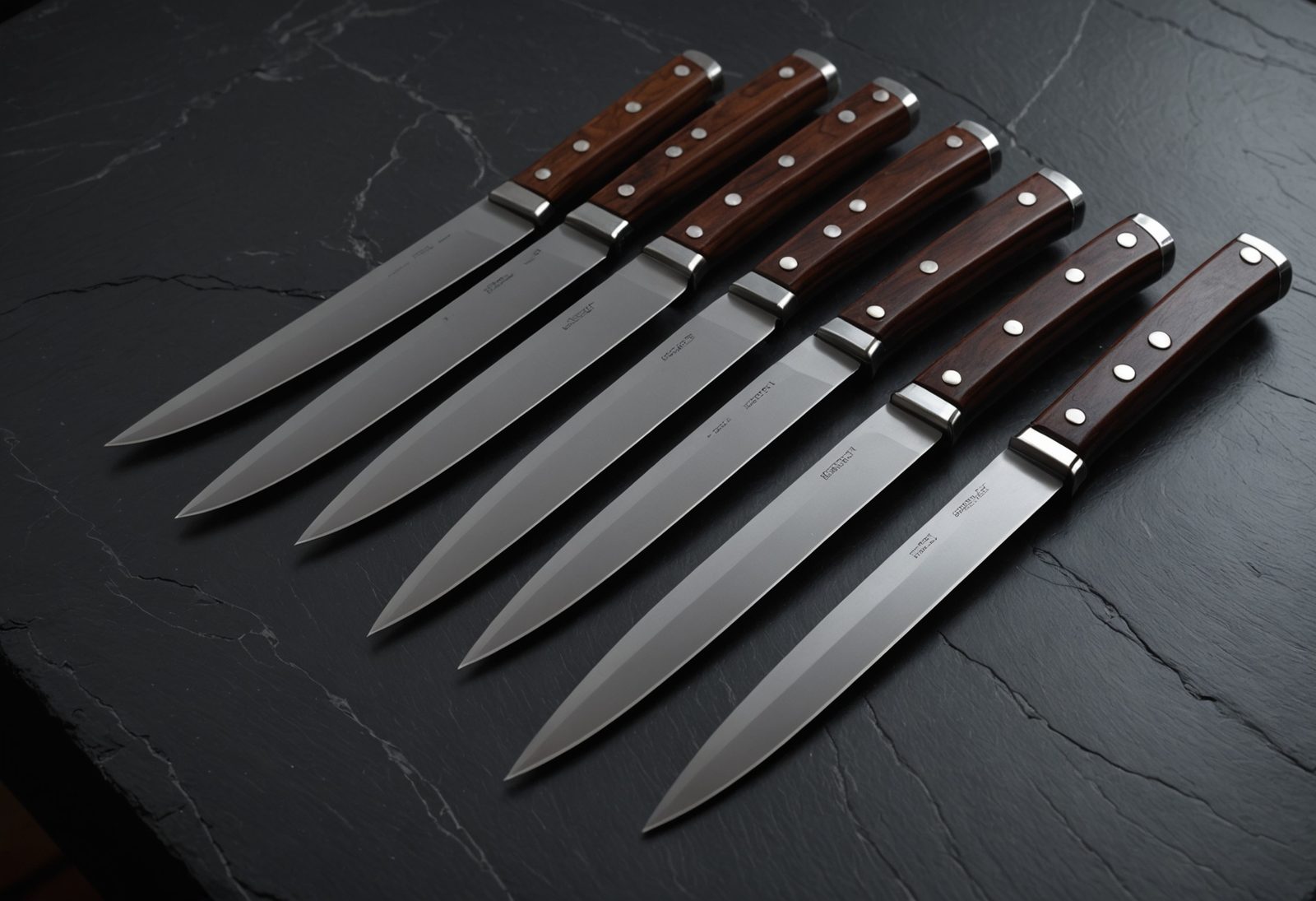 Six steak knives with wooden handles and polished blades lying diagonally on a dark slate table