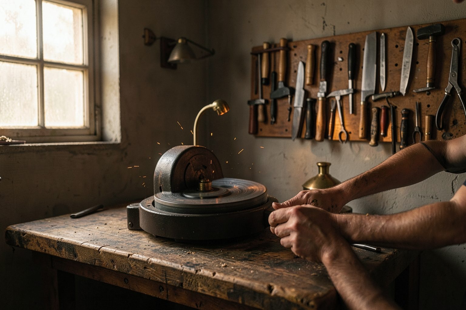 A small knife workshop with a grinding wheel, pegboard tools and a rack of finished knives