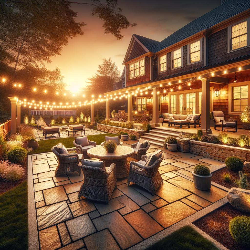 Stone patio with string lights behind a two-story house at dusk