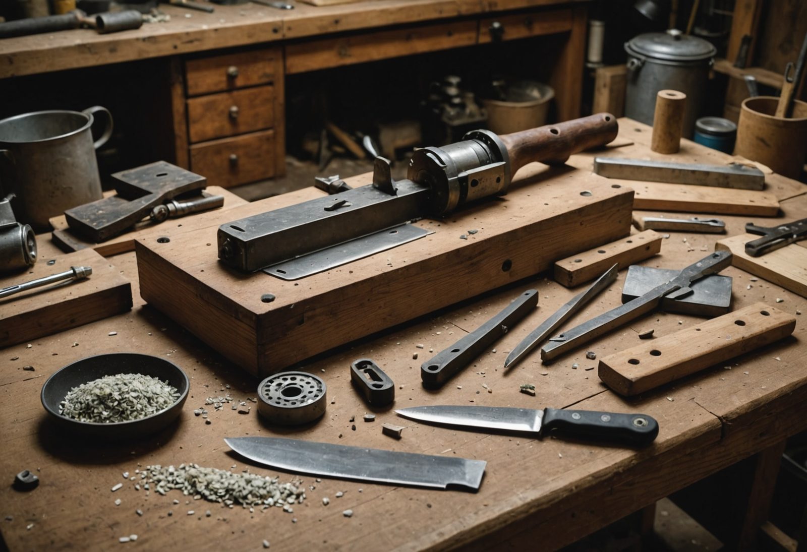 A workshop bench with unfinished knife blades, a grinder and sharpening stones on a wooden workbench.